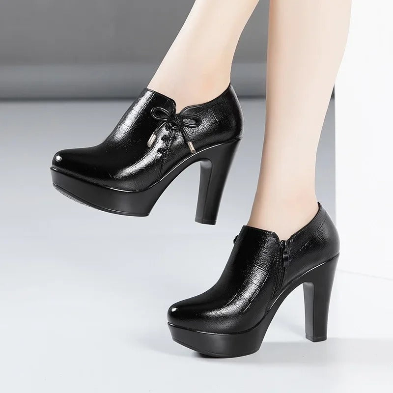 10cm Small Size 32-43 Elegant Black Bow Deep Mouth Thick Bottom Platform Pumps 2024 Winter Block High Heels Shoes Office Model