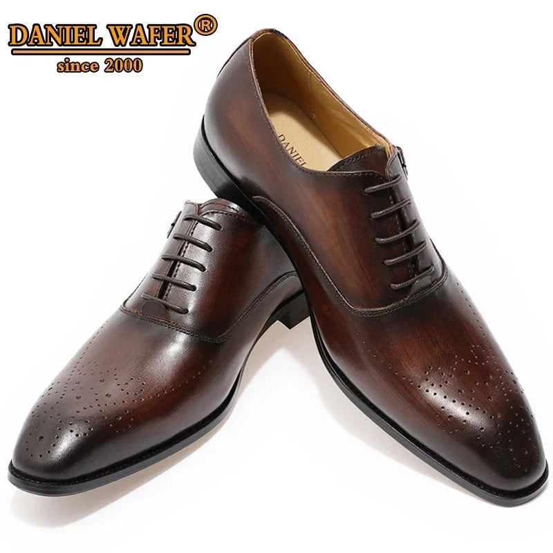 Classic Men's Genuine Leather Oxford Shoes Buckle Lace-Up Office Dress Wedding Brogue Pointed Toe Business Formal Shoes