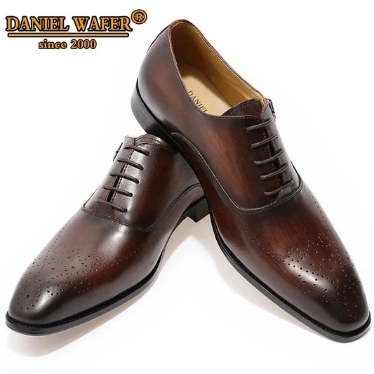Classic Men's Genuine Leather Oxford Shoes Buckle Lace-Up Office Dress Wedding Brogue Pointed Toe Business Formal Shoes