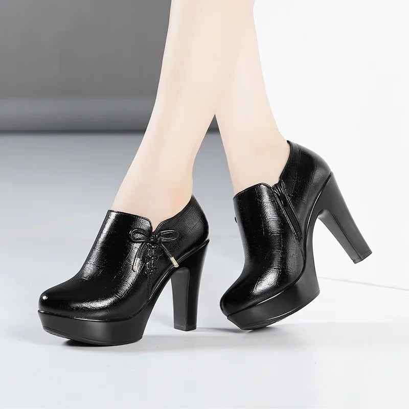 10cm Small Size 32-43 Elegant Black Bow Deep Mouth Thick Bottom Platform Pumps 2024 Winter Block High Heels Shoes Office Model