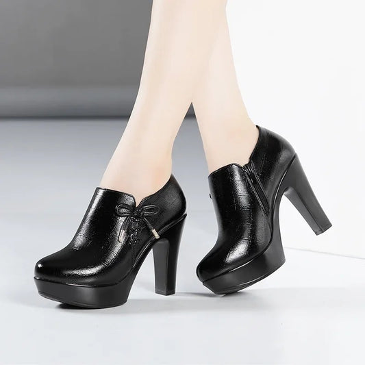 10cm Small Size 32-43 Elegant Black Bow Deep Mouth Thick Bottom Platform Pumps 2024 Winter Block High Heels Shoes Office Model