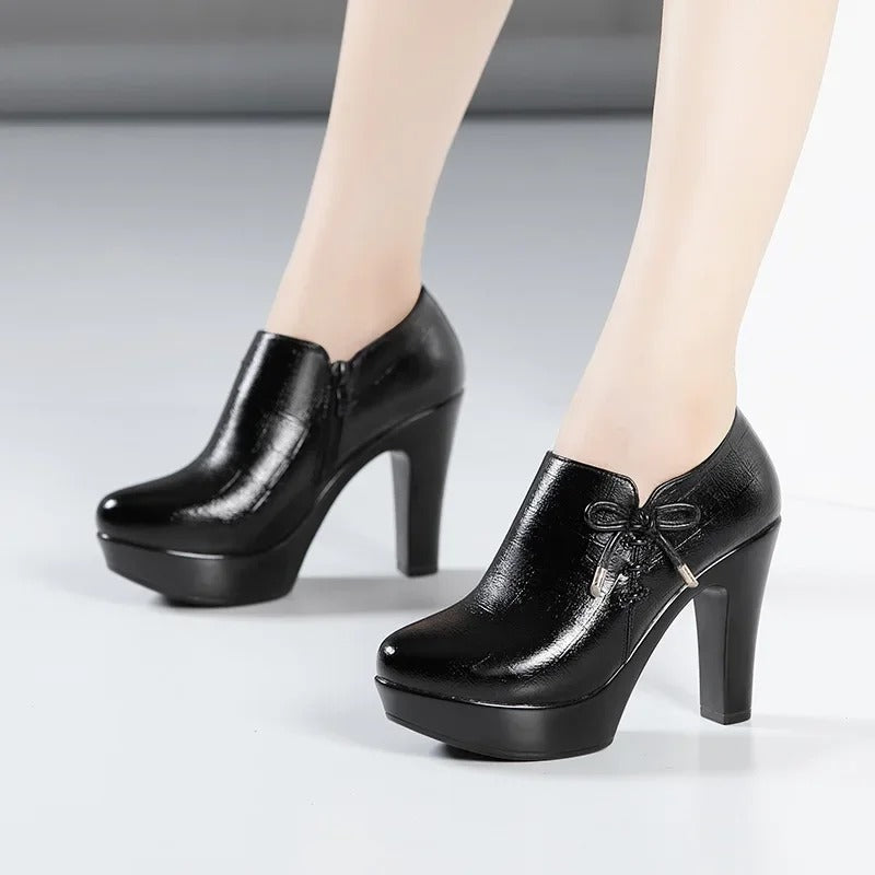 10cm Small Size 32-43 Elegant Black Bow Deep Mouth Thick Bottom Platform Pumps 2024 Winter Block High Heels Shoes Office Model
