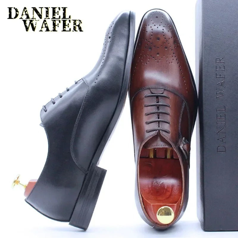 Classic Men's Genuine Leather Oxford Shoes Buckle Lace-Up Office Dress Wedding Brogue Pointed Toe Business Formal Shoes
