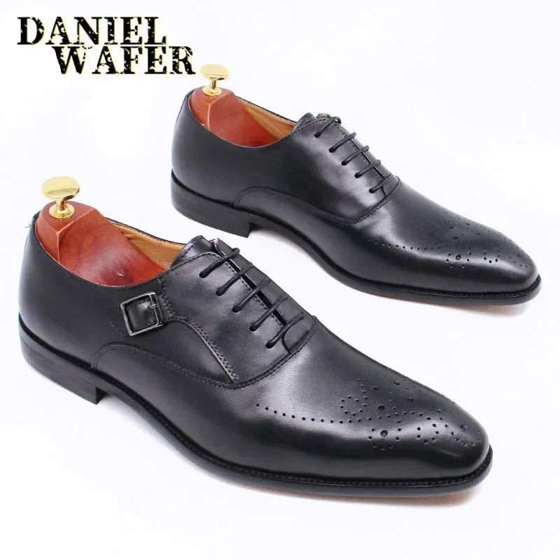 Classic Men's Genuine Leather Oxford Shoes Buckle Lace-Up Office Dress Wedding Brogue Pointed Toe Business Formal Shoes