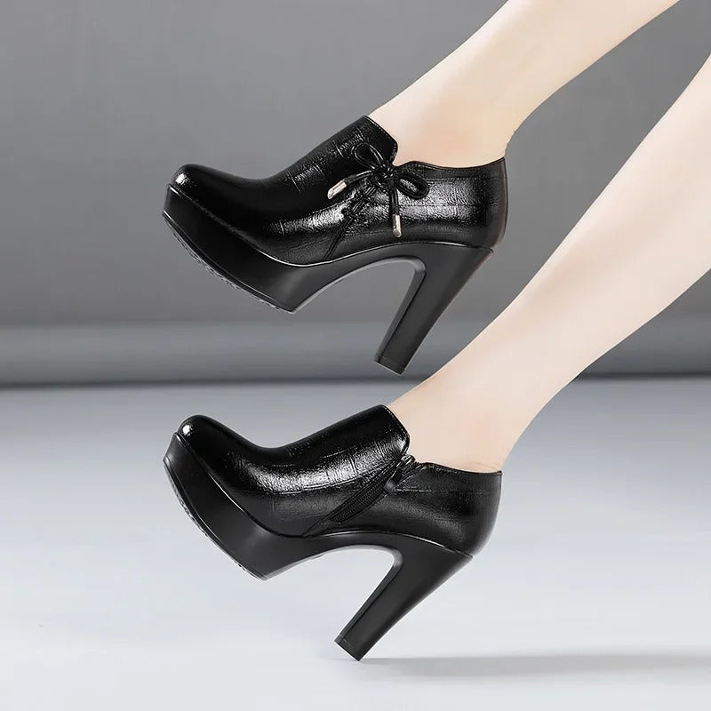 10cm Small Size 32-43 Elegant Black Bow Deep Mouth Thick Bottom Platform Pumps 2024 Winter Block High Heels Shoes Office Model