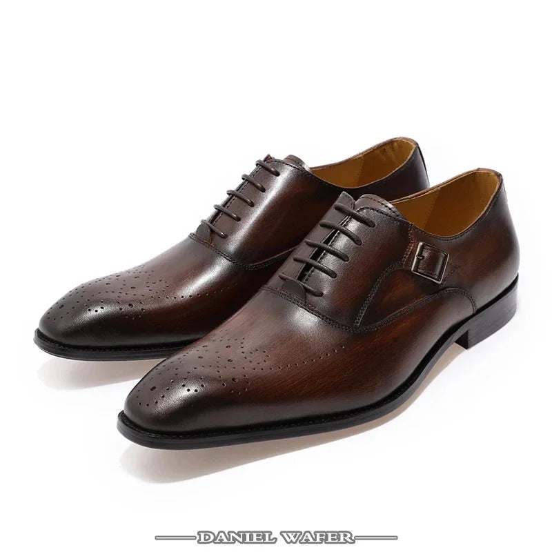 Classic Men's Genuine Leather Oxford Shoes Buckle Lace-Up Office Dress Wedding Brogue Pointed Toe Business Formal Shoes