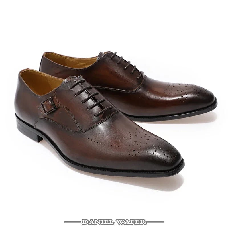Classic Men's Genuine Leather Oxford Shoes Buckle Lace-Up Office Dress Wedding Brogue Pointed Toe Business Formal Shoes