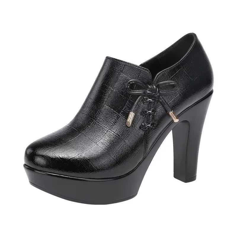 10cm Small Size 32-43 Elegant Black Bow Deep Mouth Thick Bottom Platform Pumps 2024 Winter Block High Heels Shoes Office Model