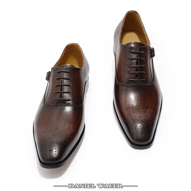 Classic Men's Genuine Leather Oxford Shoes Buckle Lace-Up Office Dress Wedding Brogue Pointed Toe Business Formal Shoes