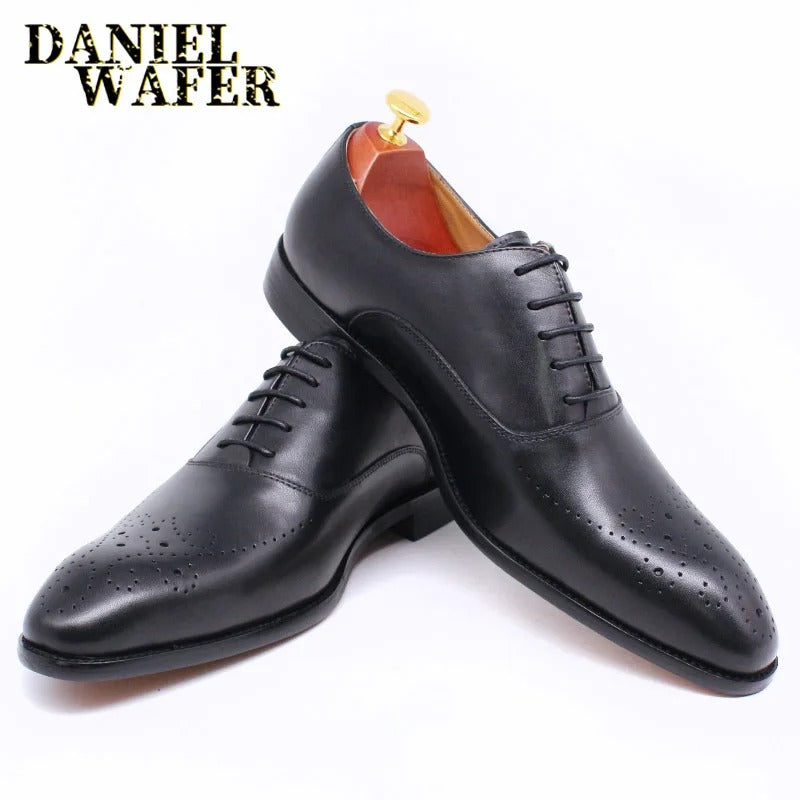 Classic Men's Genuine Leather Oxford Shoes Buckle Lace-Up Office Dress Wedding Brogue Pointed Toe Business Formal Shoes